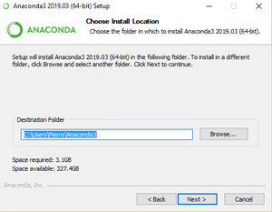 Choix du répertoire pour Anaconda3