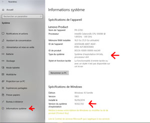 Informations Système Windows 10.