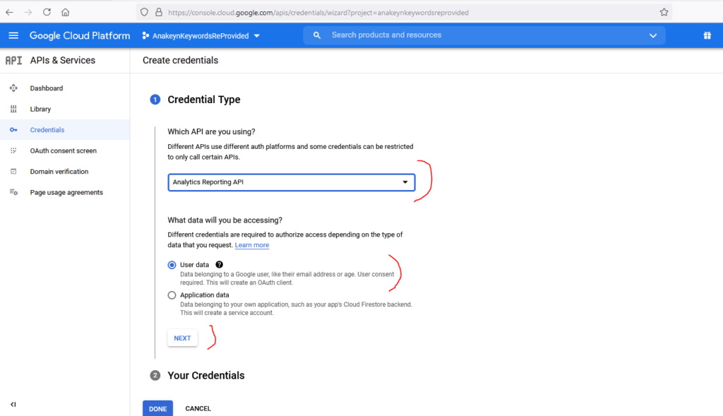 Création des Credentials 