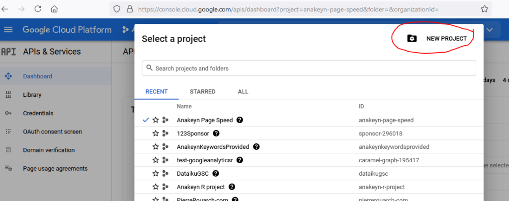 Google Console Nouveau Projet